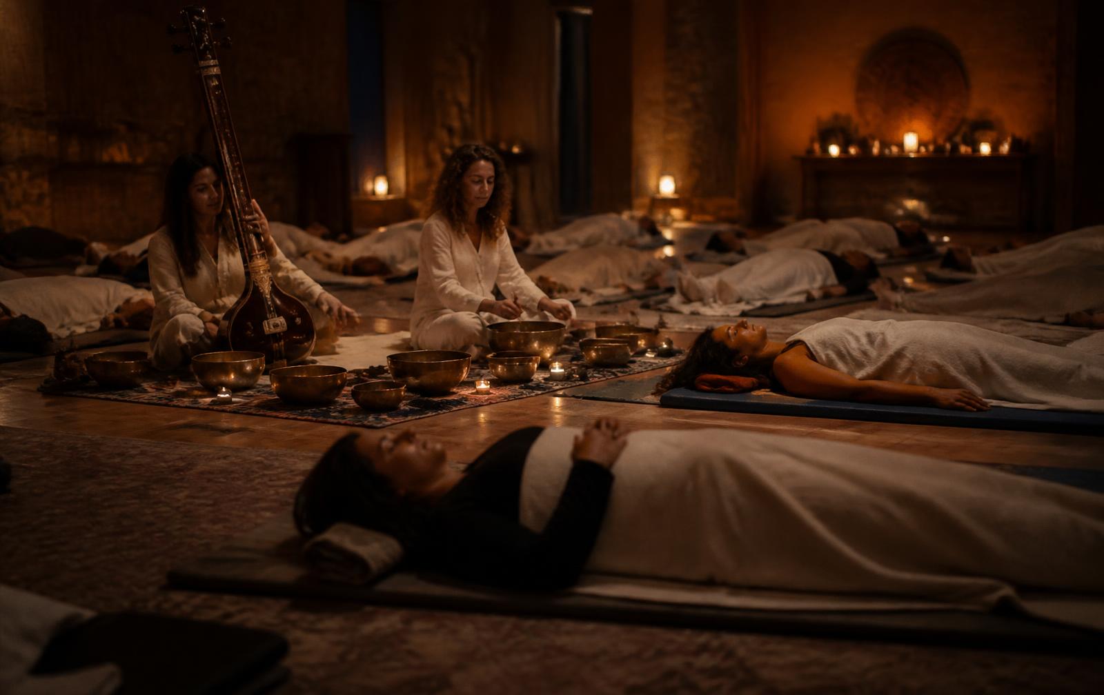 Candlelit sound therapy session with singing bowls