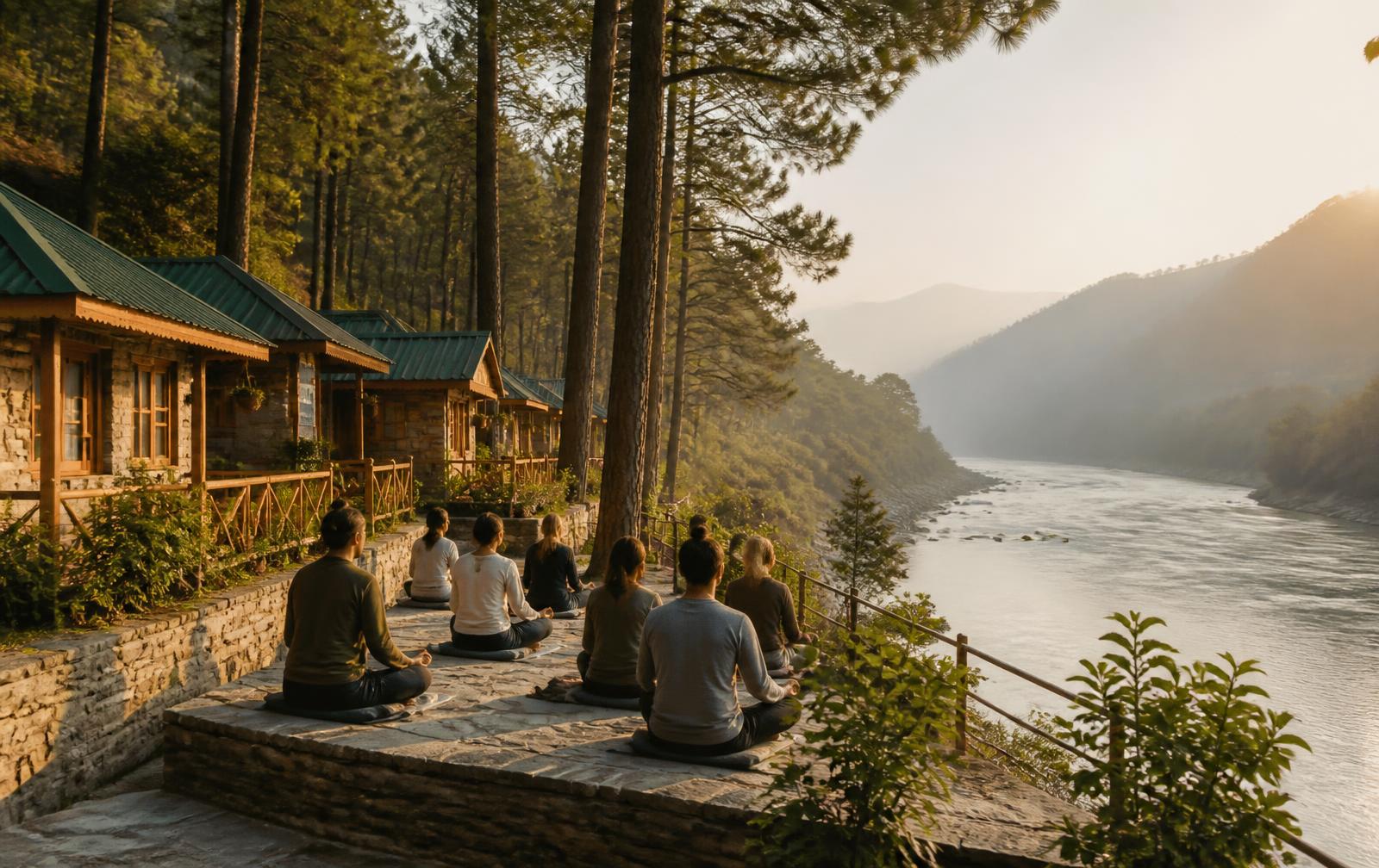 Morning meditation on a stone terrace above the river in Rishikesh